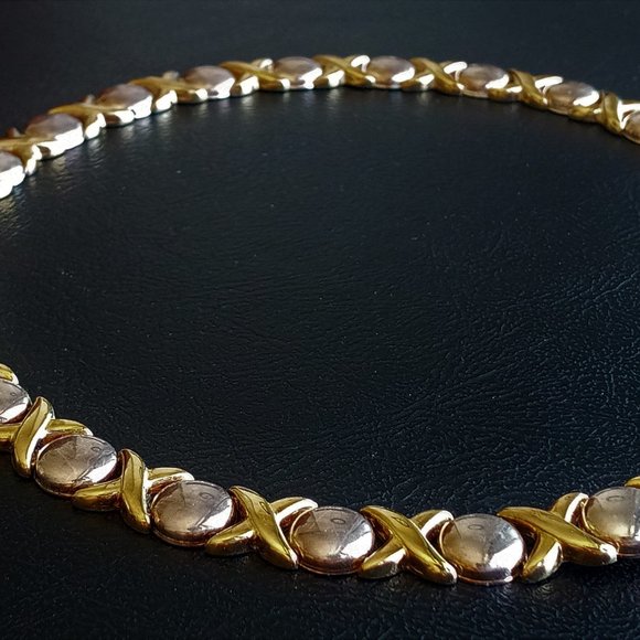 2-Tone "XOXO" 925 Sterling Silver Collar Necklace - Picture 6 of 7